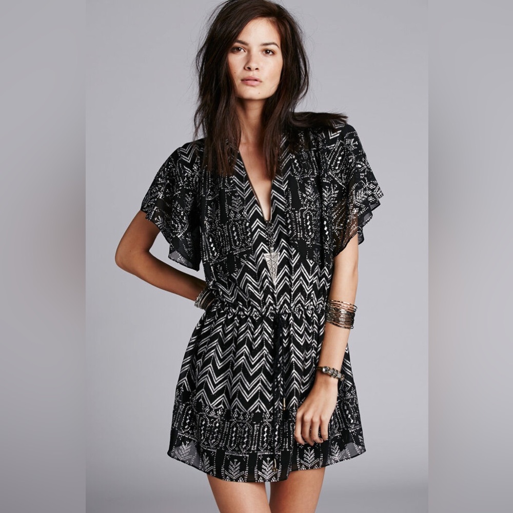Free People Love My Chaos Chevron Black Gold Metallic Mini Dress